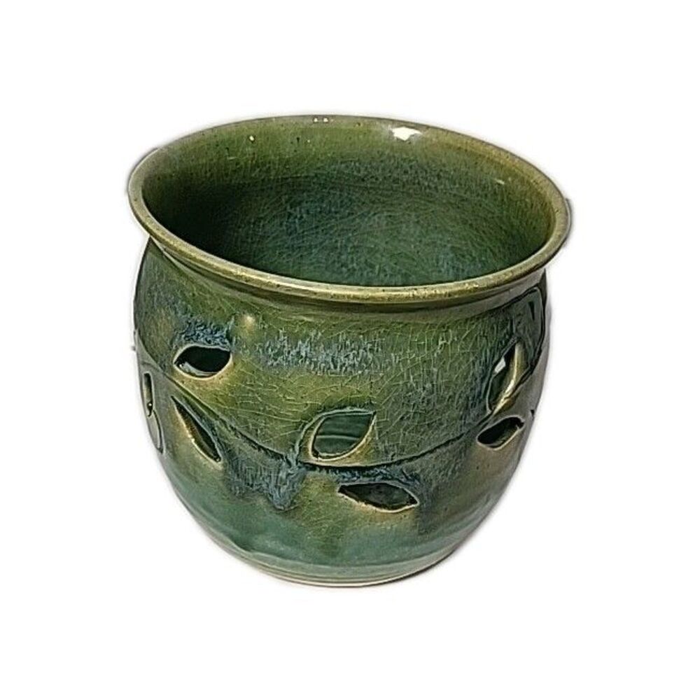 Hand Thrown Green Pottery 4.5"  Orchid Planter / Candle Holder - Artist Signed